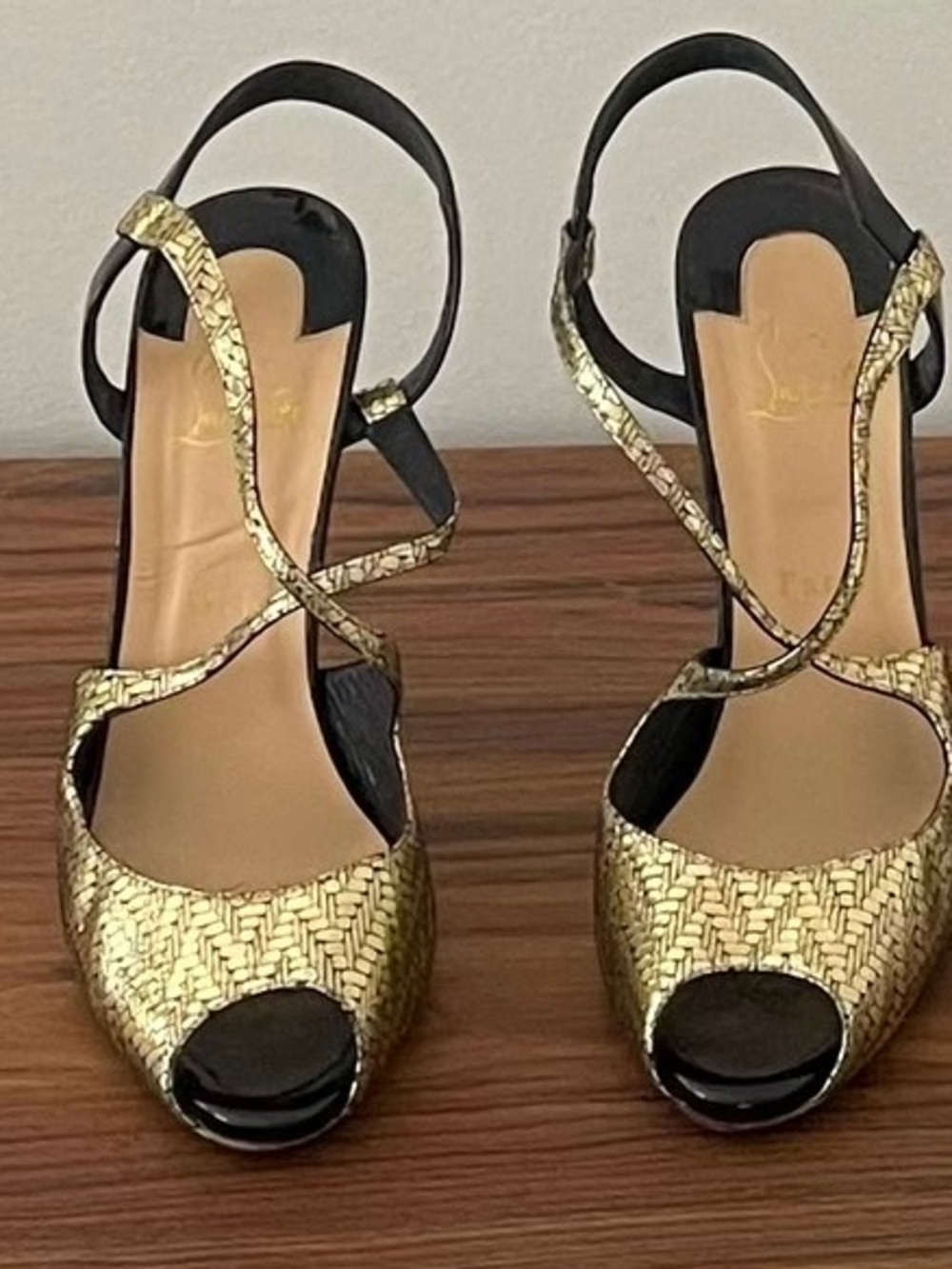 Christian Louboutin Gold and Black Strappy Peep-Toe Sandals - Picture 5 of 7